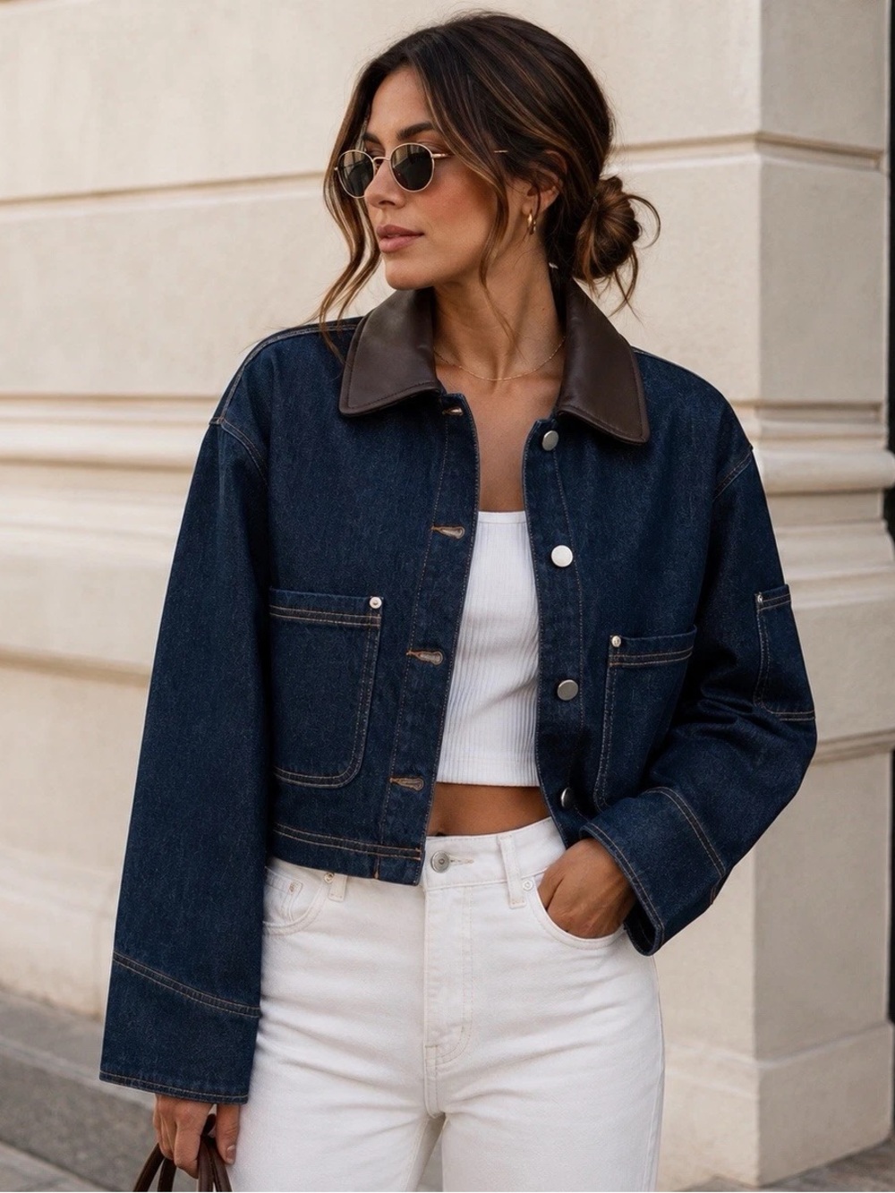 7 For All Mankind Dark Blue Denim Jacket with Brown Collar